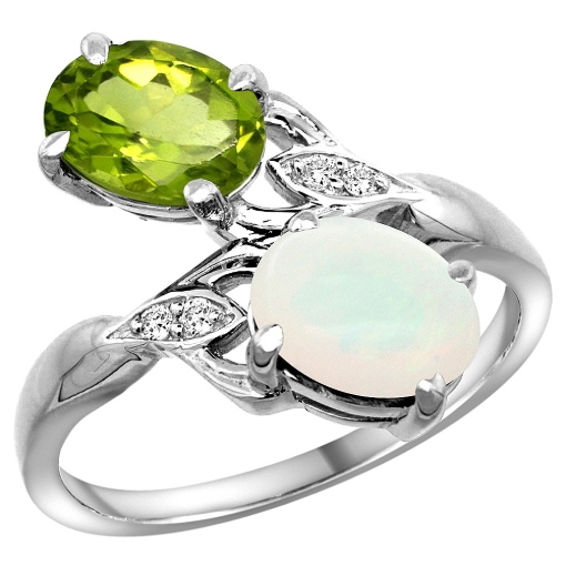 Picture of 10K White Gold Diamond Natural Peridot & Opal 2-stone Ring Oval 8x6mm, sizes 5 - 10