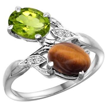 Picture of 10K White Gold Diamond Natural Peridot & Tiger Eye 2-stone Ring Oval 8x6mm, sizes 5 - 10