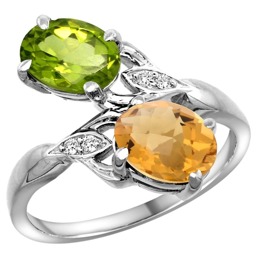 Picture of 10K White Gold Diamond Natural Peridot & Whisky Quartz 2-stone Ring Oval 8x6mm, sizes 5 - 10