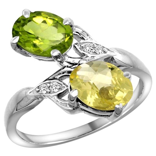 Picture of 10K White Gold Diamond Natural Peridot & Lemon Quartz 2-stone Ring Oval 8x6mm, sizes 5 - 10