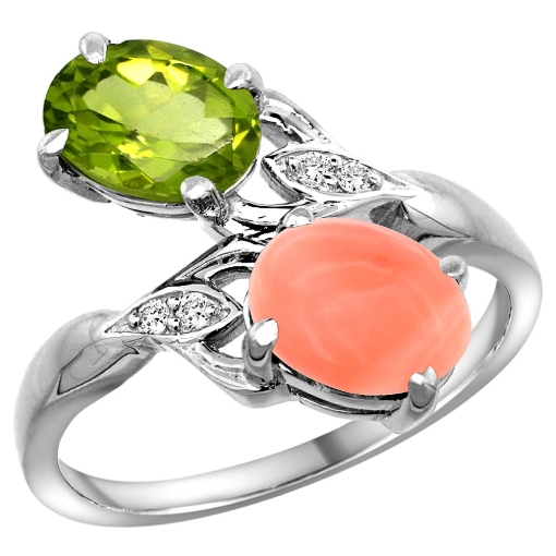 Picture of 10K White Gold Diamond Natural Peridot & Coral 2-stone Ring Oval 8x6mm, sizes 5 - 10