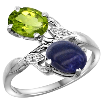 Picture of 10K White Gold Diamond Natural Peridot & Lapis 2-stone Ring Oval 8x6mm, sizes 5 - 10