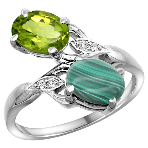 Picture of 10K White Gold Diamond Natural Peridot & Malachite 2-stone Ring Oval 8x6mm, sizes 5 - 10