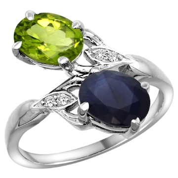 Picture of 10K White Gold Diamond Natural Peridot Blue Sapphire 2-stone Mothers Ring Oval 8x6mm size 5 - 10