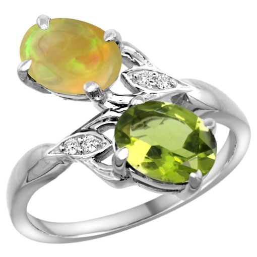 Picture of 10K White Gold Diamond Natural Peridot & Ethiopian Opal 2-stone Mothers Ring Oval 8x6mm, size 5 - 10