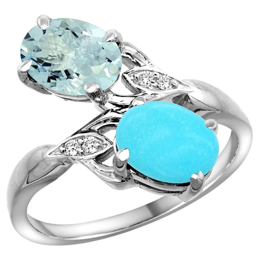 Picture of 10K White Gold Diamond Natural Aquamarine & Turquoise 2-stone Ring Oval 8x6mm, sizes 5 - 10