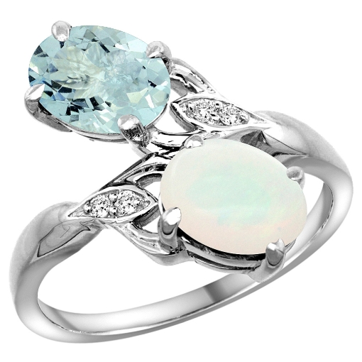 Picture of 10K White Gold Diamond Natural Aquamarine & Opal 2-stone Ring Oval 8x6mm, sizes 5 - 10