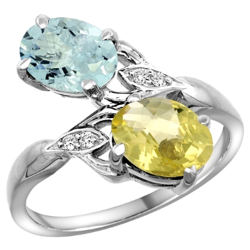 Picture of 10K White Gold Diamond Natural Aquamarine & Lemon Quartz 2-stone Ring Oval 8x6mm, sizes 5 - 10