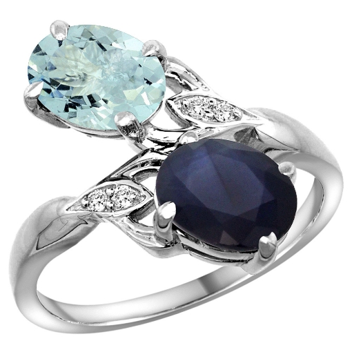 Picture of 10K White Gold Diamond Natural Aquamarine & Australian Sapphire 2-stone Ring Oval 8x6mm, sizes 5 - 10