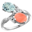 Picture of 10K White Gold Diamond Natural Aquamarine & Coral 2-stone Ring Oval 8x6mm, sizes 5 - 10