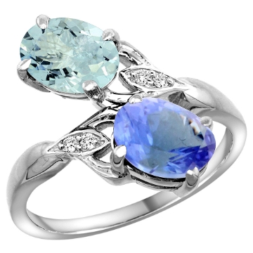 Picture of 10K White Gold Diamond Natural Aquamarine & Tanzanite 2-stone Ring Oval 8x6mm, sizes 5 - 10