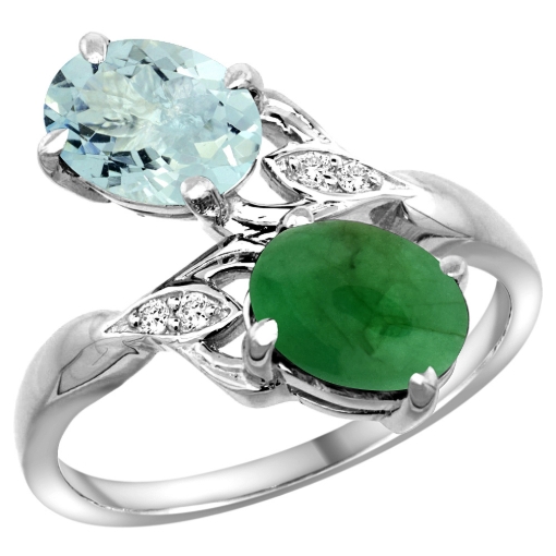 Picture of 10K White Gold Diamond Natural Aquamarine & Cabochon Emerald 2-stone Ring Oval 8x6mm, sizes 5 - 10