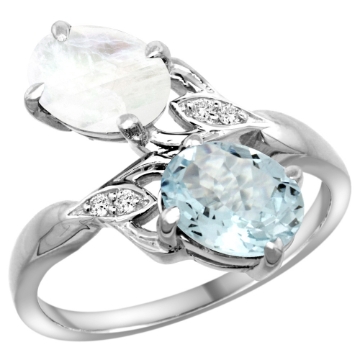 Picture of 10K White Gold Diamond Natural Aquamarine & Rainbow Moonstone 2-stone Ring Oval 8x6mm, sizes 5 - 10