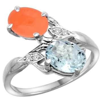 Picture of 10K White Gold Diamond Natural Aquamarine & Orange Moonstone 2-stone Ring Oval 8x6mm, sizes 5 - 10