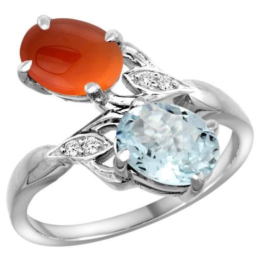 Picture of 10K White Gold Diamond Natural Aquamarine & Brown Agate 2-stone Ring Oval 8x6mm, sizes 5 - 10