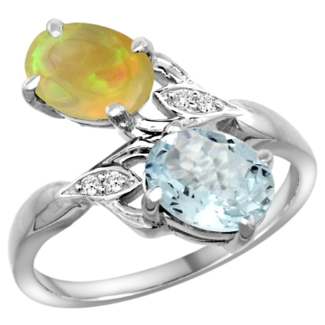 Picture of 10K White Gold Diamond Natural Aquamarine & Ethiopian Opal 2-stone Mothers Ring Oval 8x6mm, size 5 - 10