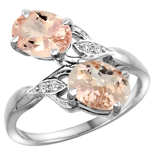 Picture of 10K White Gold Diamond Natural Morganite 2-stone Ring Oval 8x6mm, sizes 5 - 10
