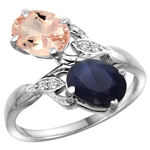 Picture of 10K White Gold Diamond Natural Morganite & Blue Sapphire 2-stone Ring Oval 8x6mm, sizes 5 - 10