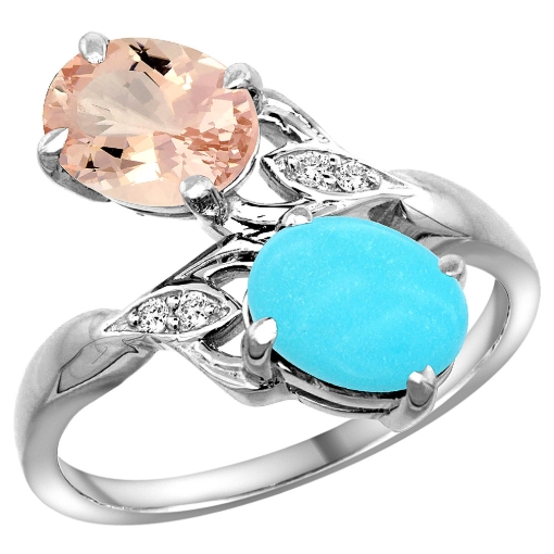 Picture of 10K White Gold Diamond Natural Morganite & Turquoise 2-stone Ring Oval 8x6mm, sizes 5 - 10