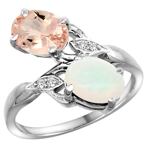 Picture of 10K White Gold Diamond Natural Morganite & Opal 2-stone Ring Oval 8x6mm, sizes 5 - 10