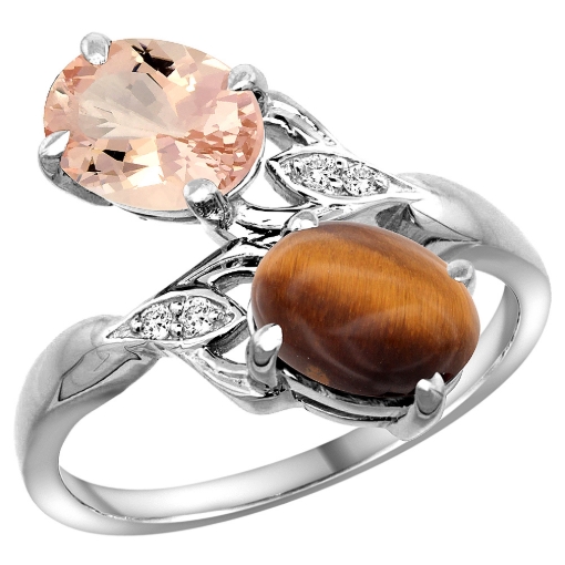 Picture of 10K White Gold Diamond Natural Morganite & Tiger Eye 2-stone Ring Oval 8x6mm, sizes 5 - 10