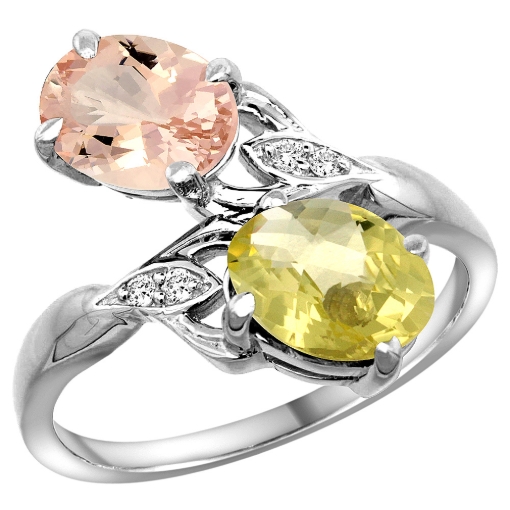 Picture of 10K White Gold Diamond Natural Morganite & Lemon Quartz 2-stone Ring Oval 8x6mm, sizes 5 - 10