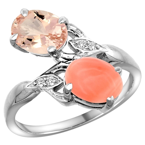Picture of 10K White Gold Diamond Natural Morganite & Coral 2-stone Ring Oval 8x6mm, sizes 5 - 10