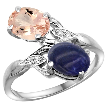 Picture of 10K White Gold Diamond Natural Morganite & Lapis 2-stone Ring Oval 8x6mm, sizes 5 - 10