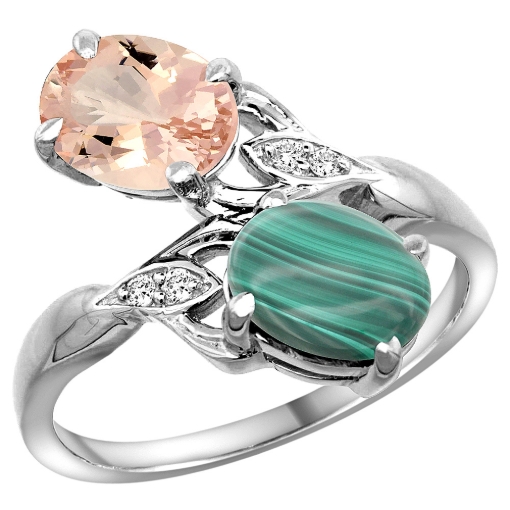 Picture of 10K White Gold Diamond Natural Morganite & Malachite 2-stone Ring Oval 8x6mm, sizes 5 - 10