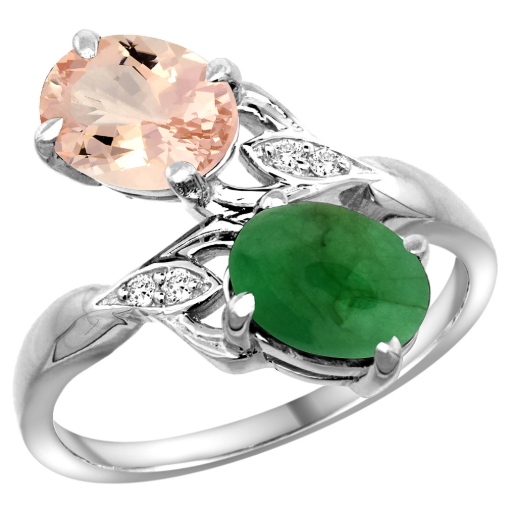 Picture of 10K White Gold Diamond Natural Morganite & Cabochon Emerald 2-stone Ring Oval 8x6mm, sizes 5 - 10