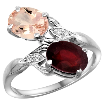 Picture of 10K White Gold Diamond Natural Morganite Ruby 2-stone Mothers Ring Oval 8x6mm size 5 - 10