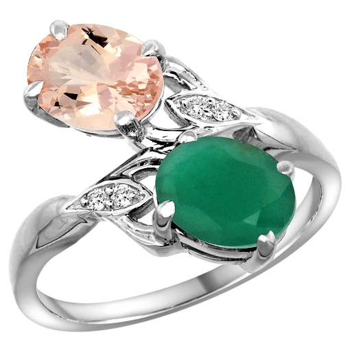 Picture of 10K White Gold Diamond Natural Morganite Emerald 2-stone Mothers Ring Oval 8x6mm size 5 - 10