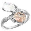 Picture of 10K White Gold Diamond Natural Morganite & Rainbow Moonstone 2-stone Ring Oval 8x6mm, sizes 5 - 10