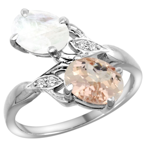 Picture of 10K White Gold Diamond Natural Morganite & Rainbow Moonstone 2-stone Ring Oval 8x6mm, sizes 5 - 10