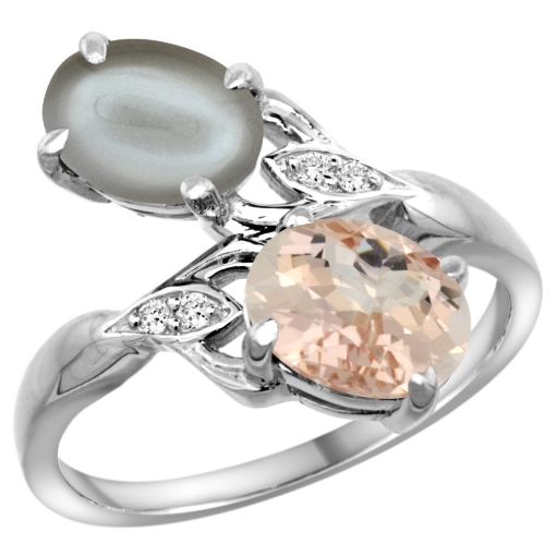 Picture of 10K White Gold Diamond Natural Morganite & Gray Moonstone 2-stone Ring Oval 8x6mm, sizes 5 - 10
