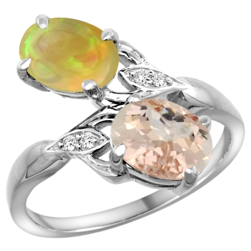 Picture of 10K White Gold Diamond Natural Morganite & Ethiopian Opal 2-stone Mothers Ring Oval 8x6mm, size 5 - 10