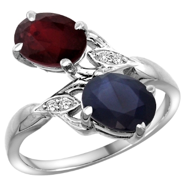 Picture of 10K White Gold Diamond Enhanced Genuine Ruby & Natural Blue Sapphire 2-stone Ring Oval 8x6mm, sizes 5 - 10