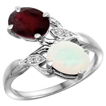 Picture of 10K White Gold Diamond Enhanced Genuine Ruby & Natural Opal 2-stone Ring Oval 8x6mm, sizes 5 - 10