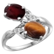 Picture of 10K White Gold Diamond Enhanced Genuine Ruby & Natural Tiger Eye 2-stone Ring Oval 8x6mm, sizes 5 - 10