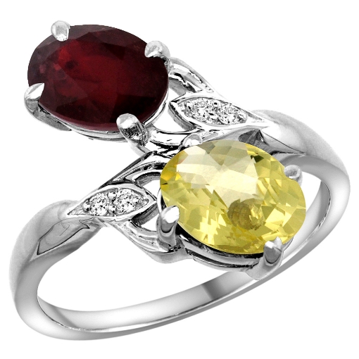 Picture of 10K White Gold Diamond Enhanced Genuine Ruby & Natural Lemon Quartz 2-stone Ring Oval 8x6mm, sizes 5 - 10