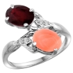 Picture of 10K White Gold Diamond Enhanced Genuine Ruby & Natural Coral 2-stone Ring Oval 8x6mm, sizes 5 - 10