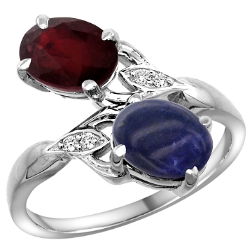 Picture of 10K White Gold Diamond Enhanced Genuine Ruby & Natural Lapis 2-stone Ring Oval 8x6mm, sizes 5 - 10