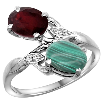 Picture of 10K White Gold Diamond Enhanced Genuine Ruby & Natural Malachite 2-stone Ring Oval 8x6mm, sizes 5 - 10
