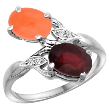 Picture of 10K White Gold Diamond Enhanced Genuine Ruby & Natural Orange Moonstone 2-stone Ring Oval 8x6mm, sizes 5 - 10