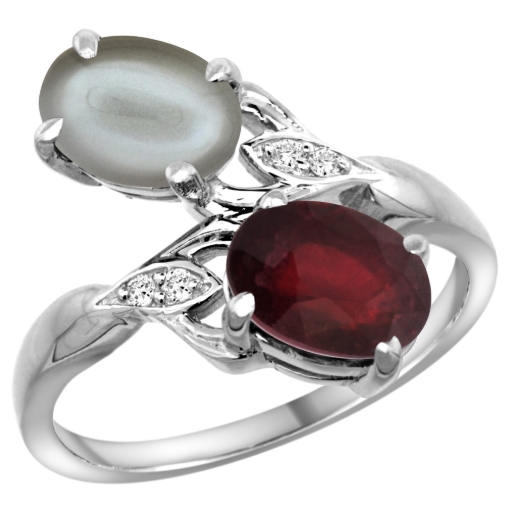 Picture of 10K White Gold Diamond Enhanced Genuine Ruby & Natural Gray Moonstone 2-stone Ring Oval 8x6mm, sizes 5 - 10