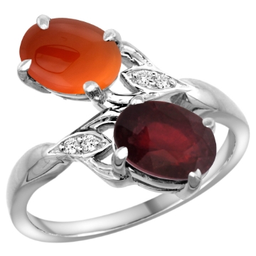 Picture of 10K White Gold Diamond Enhanced Genuine Ruby & Natural Brown Agate 2-stone Ring Oval 8x6mm, sizes 5 - 10