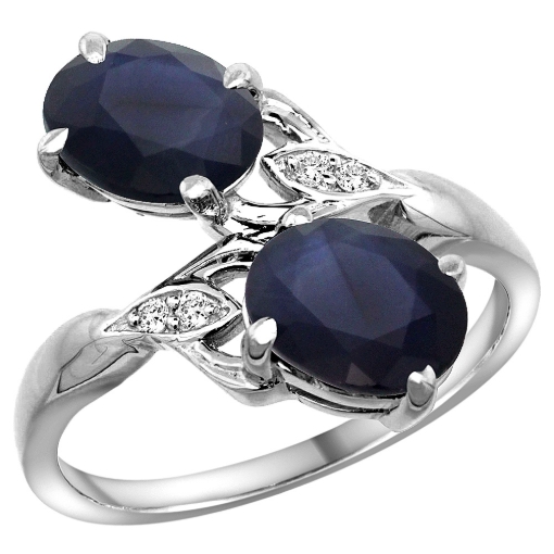 Picture of 10K White Gold Diamond Natural Blue Sapphire 2-stone Ring Oval 8x6mm, sizes 5 - 10
