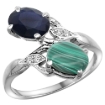 Picture of 10K White Gold Diamond Natural Blue Sapphire & Malachite 2-stone Ring Oval 8x6mm, sizes 5 - 10