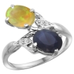 Picture of 10K White Gold Diamond Natural Blue Sapphire & Ethiopian Opal 2-stone Mothers Ring Oval 8x6mm, size 5-10