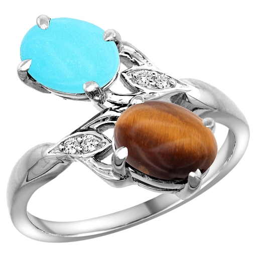 Picture of 10K White Gold Diamond Natural Turquoise & Tiger Eye 2-stone Ring Oval 8x6mm, sizes 5 - 10